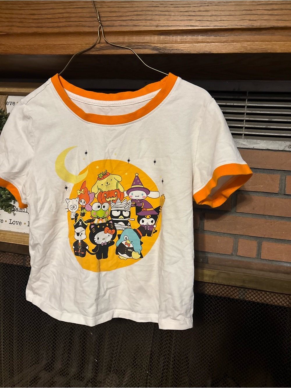Hello Kitty White Crop Top with Orange Ringer Trim and Halloween Graphic